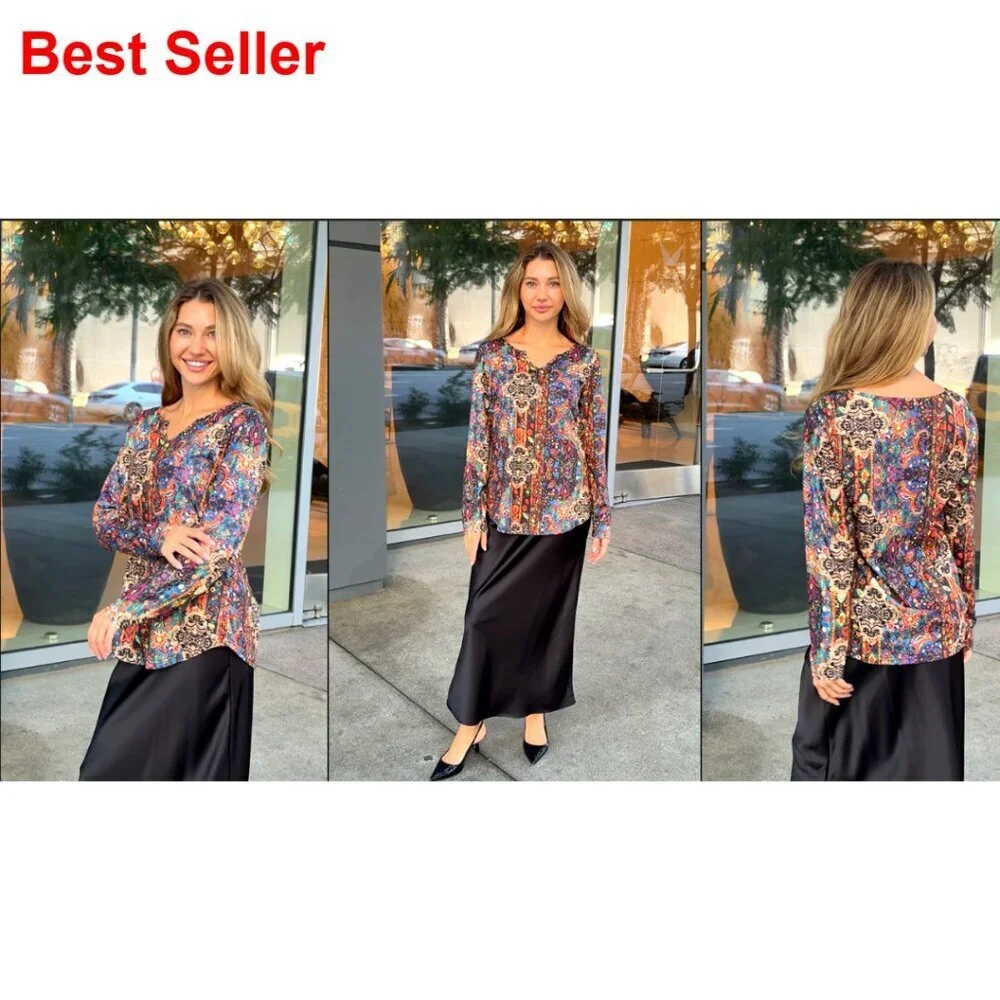 Long Sleeve V Neck Tunic Blouse, Polyester Spandex, Loose Fit for Work Casual